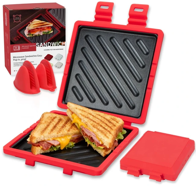 Main image of Microwave Sandwich Maker with Non-Stick Plates and Adjustable Strap, Red | Removable microwave toaster for crispy grilled cheese in minutes; compact for travel, office, dorm and home use