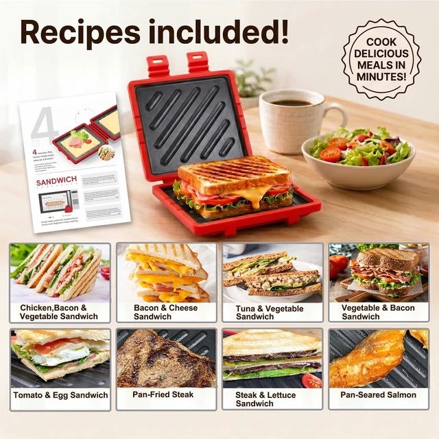 Alt view image 6 of 7 - Microwave Sandwich Maker with Non-Stick Plates and Adjustable Strap, Red | Removable microwave toaster for crispy grilled cheese in minutes; compact for travel, office, dorm and home use