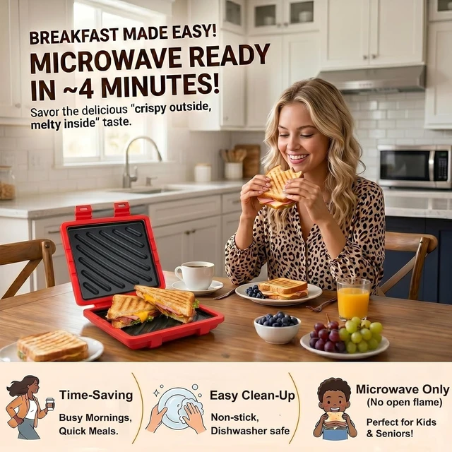 Alt view image 2 of 7 - Microwave Sandwich Maker with Non-Stick Plates and Adjustable Strap, Red | Removable microwave toaster for crispy grilled cheese in minutes; compact for travel, office, dorm and home use