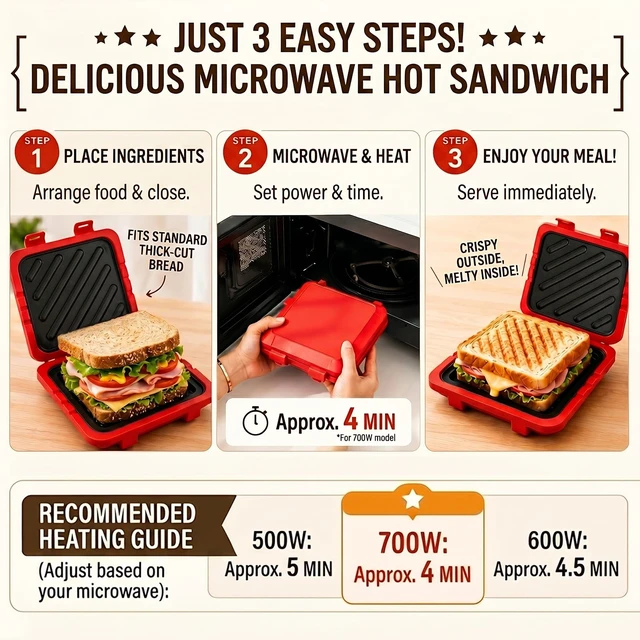 Alt view image 4 of 7 - Microwave Sandwich Maker with Non-Stick Plates and Adjustable Strap, Red | Removable microwave toaster for crispy grilled cheese in minutes; compact for travel, office, dorm and home use