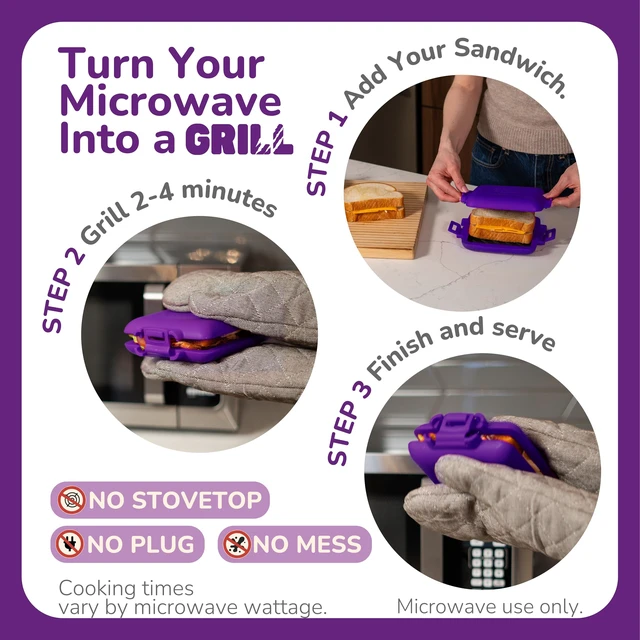 Alt view image 3 of 6 - Classic Microwave Sandwich Maker, Microwave Grill, Toaster, 3 Minute Grilled Cheese Sandwich Maker, Thick Silicone Cover, Safe Food Grade, Panini Press, Dishwasher Safe (Purple, Regular)