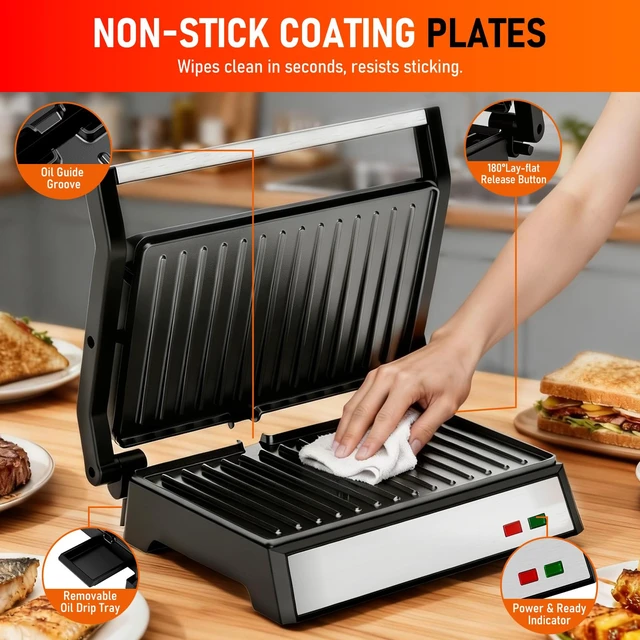 Alt view image 6 of 7 - Panini Press Grill, Standard 2-Slice Sandwich Maker with Non-Stick Plates, 1200W Sandwich Press Electric Indoor Grill, Opens 180° for Any Size of Food, Stainless Steel Surface and Removable Drip Tray