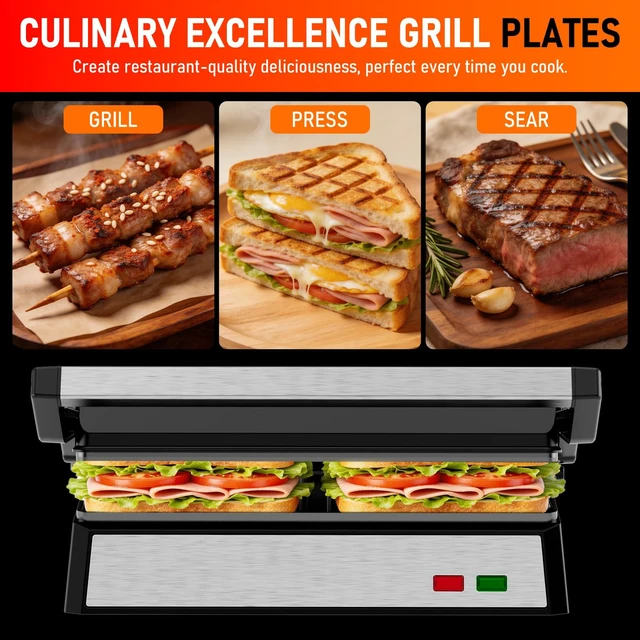 Alt view image 5 of 7 - Panini Press Grill, Standard 2-Slice Sandwich Maker with Non-Stick Plates, 1200W Sandwich Press Electric Indoor Grill, Opens 180° for Any Size of Food, Stainless Steel Surface and Removable Drip Tray