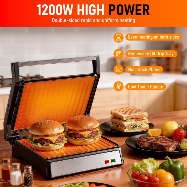 Alt view image 2 of 7 - Panini Press Grill, Standard 2-Slice Sandwich Maker with Non-Stick Plates, 1200W Sandwich Press Electric Indoor Grill, Opens 180° for Any Size of Food, Stainless Steel Surface and Removable Drip Tray
