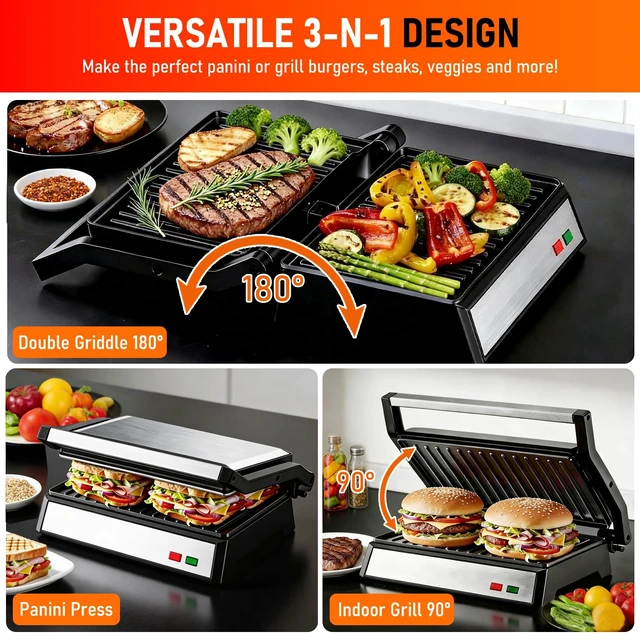 Alt view image 4 of 7 - Panini Press Grill, Standard 2-Slice Sandwich Maker with Non-Stick Plates, 1200W Sandwich Press Electric Indoor Grill, Opens 180° for Any Size of Food, Stainless Steel Surface and Removable Drip Tray