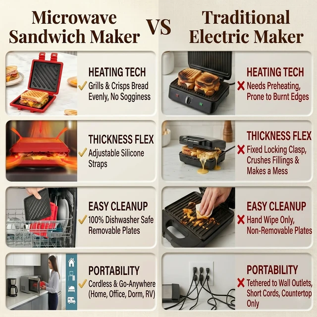 Alt view image 5 of 7 - Microwave Sandwich Maker with Non-Stick Plates and Adjustable Strap, Red | Removable microwave toaster for crispy grilled cheese in minutes; compact for travel, office, dorm and home use