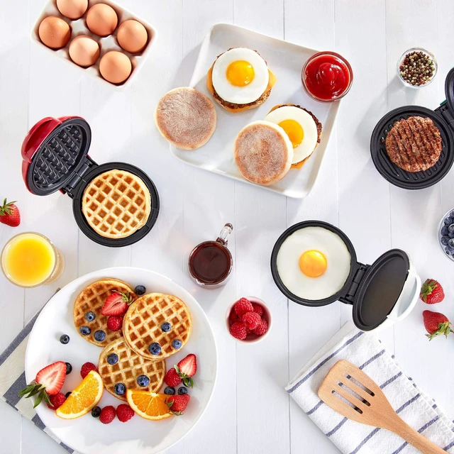 Alt view image 3 of 6 - Mini Maker Set - Customized Treat Maker - Supports Multi-Function Cooking - Easy Cleanup and User-Friendly Design - White, Aqua & Red - Waffle, Grill & Griddle Irons