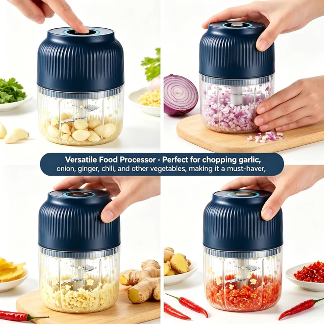 Alt view image 4 of 6 - Electric Garlic Chopper, Food Chopper USB Rechargeable, Mini Vegetable Chopper, Garlic Mincer and Onion Chopper, Portable Small Food Processor for Ginger, Chili, Vegetables (Blue, 400ML)
