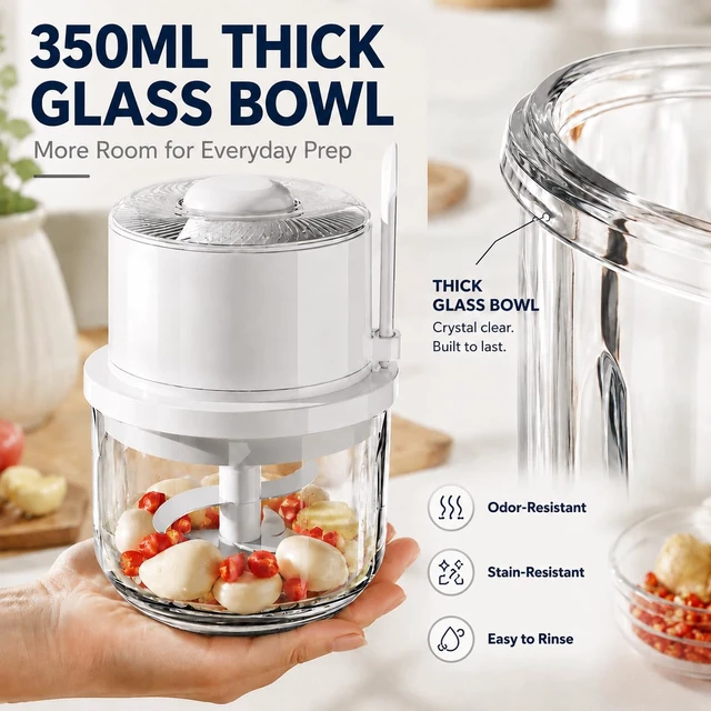 Alt view image 2 of 7 - Electric Garlic Chopper 350ML, Portable USB Rechargeable Veggie Chopper | Glass Bowl Mini Food Processor, Wireless Garlic Grinder Masher Onion Chopper for Ginger, Chili, Fruit, Meat, etc