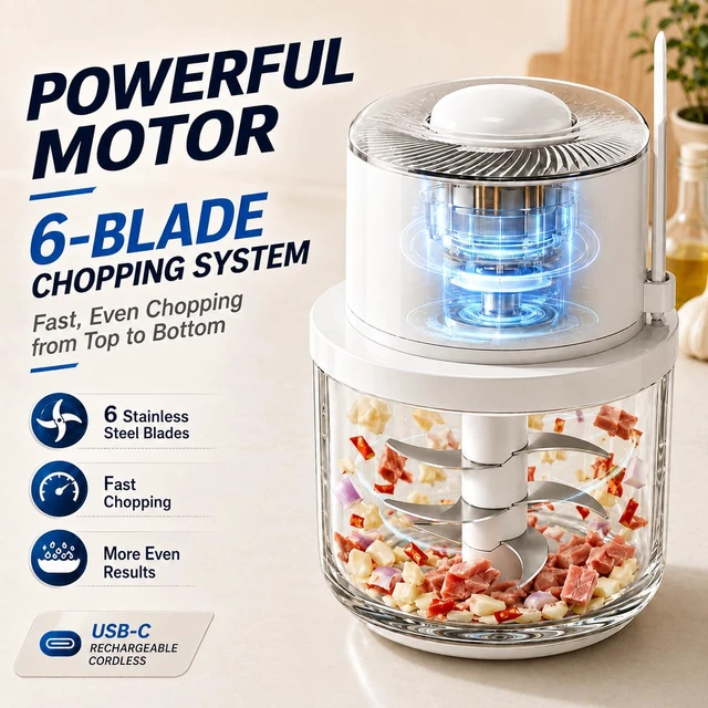 Alt view image 4 of 7 - Electric Garlic Chopper 350ML, Portable USB Rechargeable Veggie Chopper | Glass Bowl Mini Food Processor, Wireless Garlic Grinder Masher Onion Chopper for Ginger, Chili, Fruit, Meat, etc