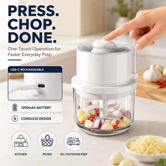 Alt view image 5 of 7 - Electric Garlic Chopper 350ML, Portable USB Rechargeable Veggie Chopper | Glass Bowl Mini Food Processor, Wireless Garlic Grinder Masher Onion Chopper for Ginger, Chili, Fruit, Meat, etc