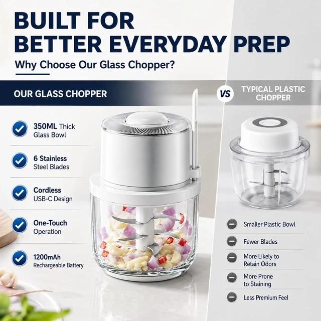 Alt view image 7 of 7 - Electric Garlic Chopper 350ML, Portable USB Rechargeable Veggie Chopper | Glass Bowl Mini Food Processor, Wireless Garlic Grinder Masher Onion Chopper for Ginger, Chili, Fruit, Meat, etc