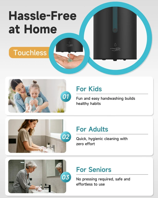 Alt view image 6 of 7 - Automatic Liquid Soap Dispenser,25oz Capacity for Bathroom,Matteblack | No-Drill and Screw Wall Mount Install Design for Space-Saving,4*AA batteries(Not Included) Ensure Long Standby,Model AK1205E
