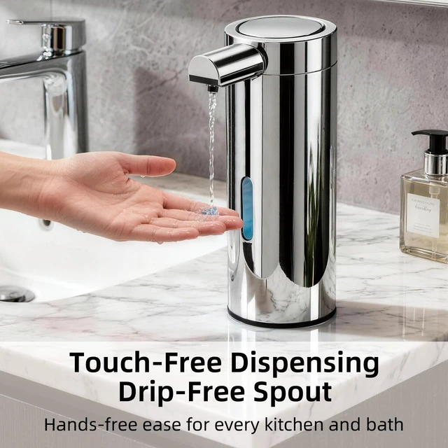 Alt view image 3 of 7 - Automatic Soap Dispenser, 12 fl oz, Stainless Steel, Touchless, Silver | Liquid Hand Soap Dispenser, Variable Dispense, Rechargeable, No-Drip Spout, For Kitchen and Bathroom