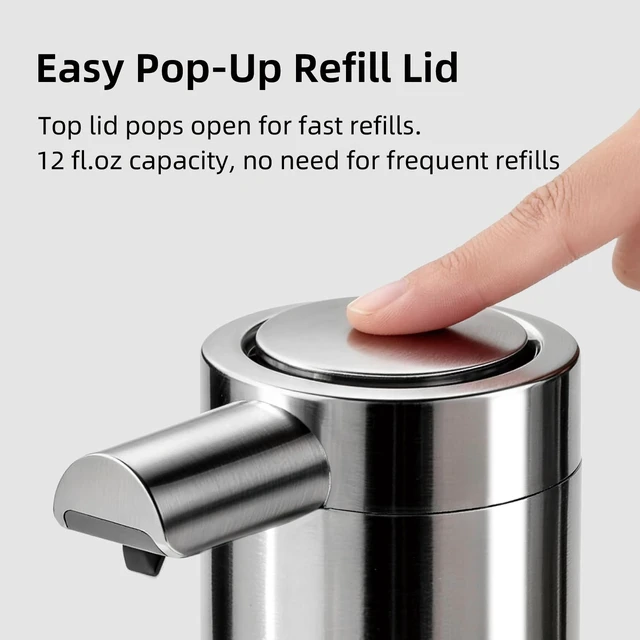 Alt view image 4 of 7 - Automatic Soap Dispenser, 12 fl oz, Stainless Steel, Touchless, Silver | Liquid Hand Soap Dispenser, Variable Dispense, Rechargeable, No-Drip Spout, For Kitchen and Bathroom