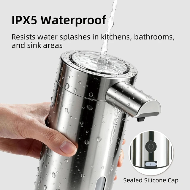 Alt view image 7 of 7 - Automatic Soap Dispenser, 12 fl oz, Stainless Steel, Touchless, Silver | Liquid Hand Soap Dispenser, Variable Dispense, Rechargeable, No-Drip Spout, For Kitchen and Bathroom