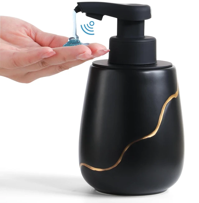 Main image of Rechargeable Auto Touchless Liquid Soap Dispenser 17oz Ceramic | With Elegant Golden Curved Line.With Waterproof Pump,Touch-Free Sensing.17oz Dish Soap For Kitchen And BathroomBlack