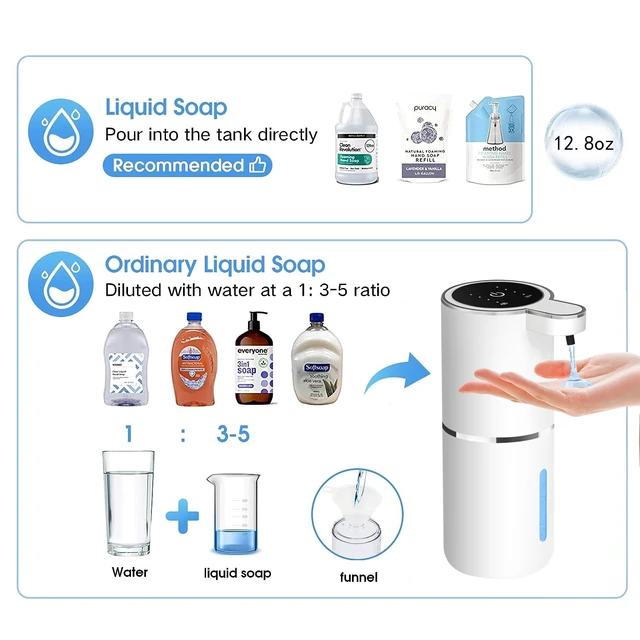 Alt view image 6 of 6 - Automatic Liquid Soap Dispenser Bathroom Kitchen Dish Liquid Body Shampoo Shower Gel Hand Free Liquid, USB Rechargeable Dispenser Touchless Soap Dispenser 380ml Auto Liquid Dispenser