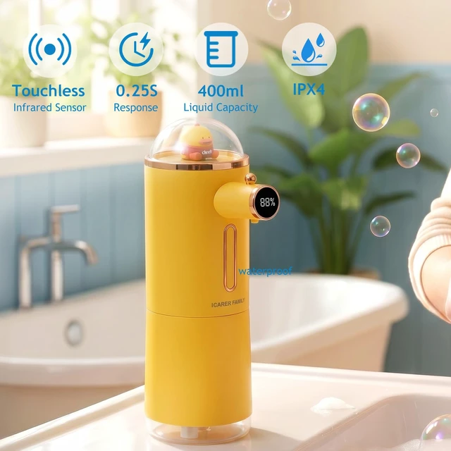 Alt view image 2 of 7 - Automatic Liquid Soap Dispenser Touchless, USB Rechargeable Smart Hand Soap Dispenser, 13.5oz/400ml, 3-Level Adjustable, Wall Mounted for Kitchen Bathroom Family (Yellow)
