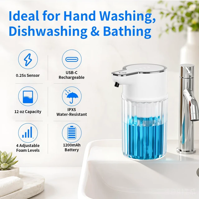 Alt view image 2 of 7 - Automatic Liquid Soap Dispenser Touchless 12oz Wall Mounted | Rechargeable Soap Dispenser with 4 Adjustable Levels, Auto Hand Soap Dispenser for Kitchen, Bathroom Countertop