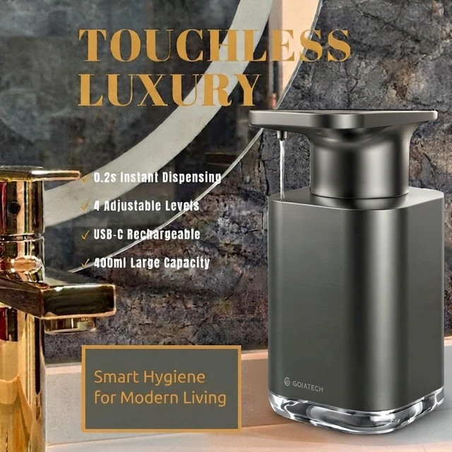 Alt view image 2 of 7 - Automatic Soap Dispenser with Digital Display, Touchless Sensor, USB-C Rechargeable, No Drip Pump, 3-Level Adjustable, IPX5 Waterproof, 450ml Capacity Modern Bathroom & Kitchen Countertop (Grey)