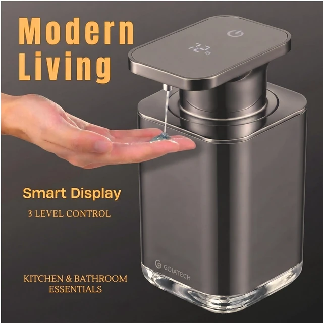 Alt view image 4 of 7 - Automatic Soap Dispenser with Digital Display, Touchless Sensor, USB-C Rechargeable, No Drip Pump, 3-Level Adjustable, IPX5 Waterproof, 450ml Capacity Modern Bathroom & Kitchen Countertop (Grey)