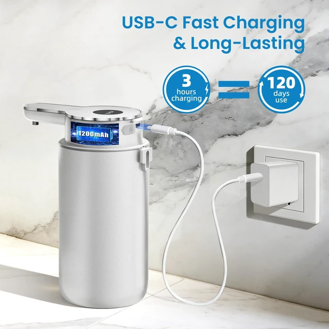 Alt view image 5 of 7 - Automatic Foaming Soap Dispenser HD Display Rechargeable, Silver | 15oz/420mL, 6 Adjustable Levels, long battery life, Touchless,countertop & wall mount, IPX5 waterproof for kitchen & bathroom