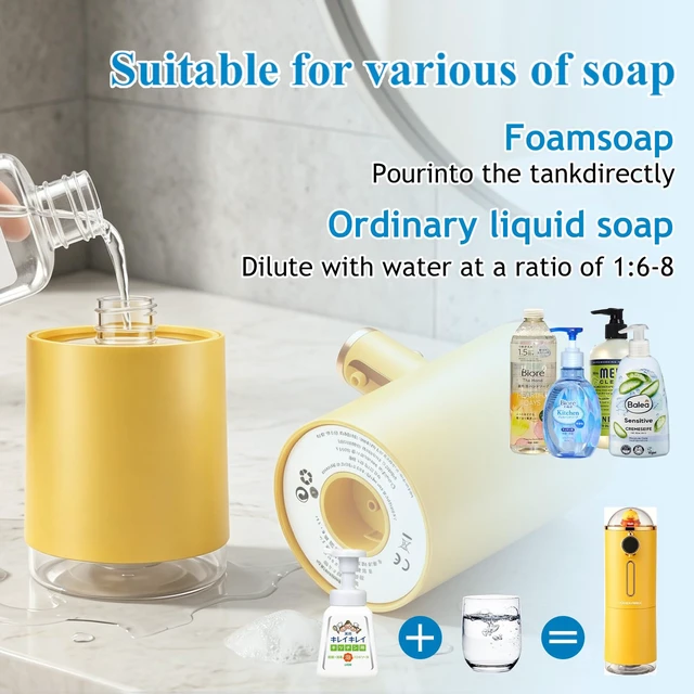 Alt view image 6 of 7 - Automatic Liquid Soap Dispenser Touchless, USB Rechargeable Smart Hand Soap Dispenser, 13.5oz/400ml, 3-Level Adjustable, Wall Mounted for Kitchen Bathroom Family (Yellow)