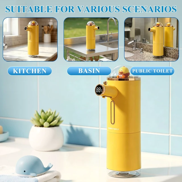 Alt view image 7 of 7 - Automatic Liquid Soap Dispenser Touchless, USB Rechargeable Smart Hand Soap Dispenser, 13.5oz/400ml, 3-Level Adjustable, Wall Mounted for Kitchen Bathroom Family (Yellow)