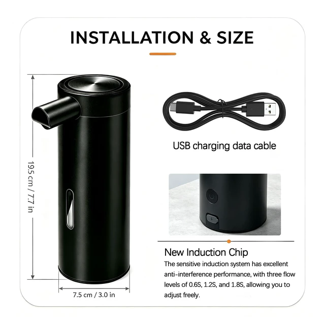Alt view image 2 of 6 - Touchless Stainless Steel Soap Dispenser Liquid Sensor Pump, 12oz Automatic Hand Soap Dispenser with 3 Level Adjustable Sensor, USB Rechargeable Soap Pump for Kitchen Bathroom Sink, Black
