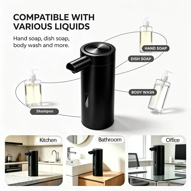 Alt view image 6 of 6 - Touchless Stainless Steel Soap Dispenser Liquid Sensor Pump, 12oz Automatic Hand Soap Dispenser with 3 Level Adjustable Sensor, USB Rechargeable Soap Pump for Kitchen Bathroom Sink, Black
