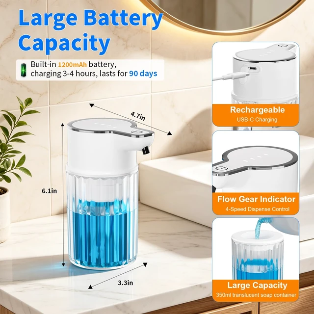 Alt view image 3 of 7 - Automatic Liquid Soap Dispenser Touchless 12oz Wall Mounted | Rechargeable Soap Dispenser with 4 Adjustable Levels, Auto Hand Soap Dispenser for Kitchen, Bathroom Countertop