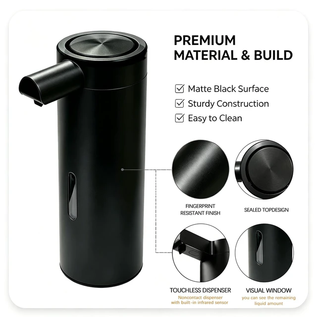 Alt view image 5 of 6 - Touchless Stainless Steel Soap Dispenser Liquid Sensor Pump, 12oz Automatic Hand Soap Dispenser with 3 Level Adjustable Sensor, USB Rechargeable Soap Pump for Kitchen Bathroom Sink, Black
