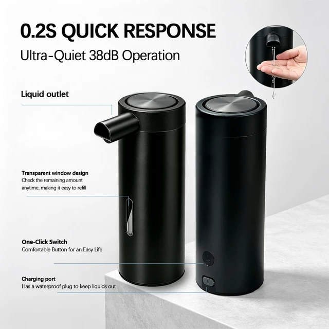Alt view image 4 of 6 - Touchless Stainless Steel Soap Dispenser Liquid Sensor Pump, 12oz Automatic Hand Soap Dispenser with 3 Level Adjustable Sensor, USB Rechargeable Soap Pump for Kitchen Bathroom Sink, Black
