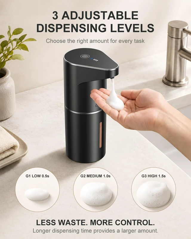 Alt view image 3 of 7 - Automatic Foaming Soap Dispenser Touchless, 3-Level Adjustable | Rechargeable, 90-day Use, 350ml, Wall Mountable, IPX5, Hands Free Dispenser for Kitchen, Bathroom, Black