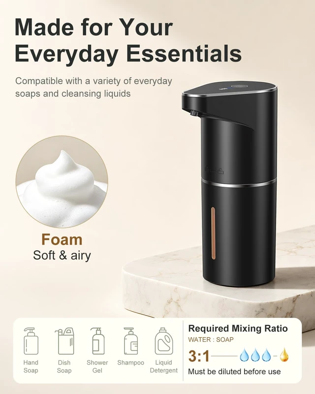Alt view image 4 of 7 - Automatic Foaming Soap Dispenser Touchless, 3-Level Adjustable | Rechargeable, 90-day Use, 350ml, Wall Mountable, IPX5, Hands Free Dispenser for Kitchen, Bathroom, Black