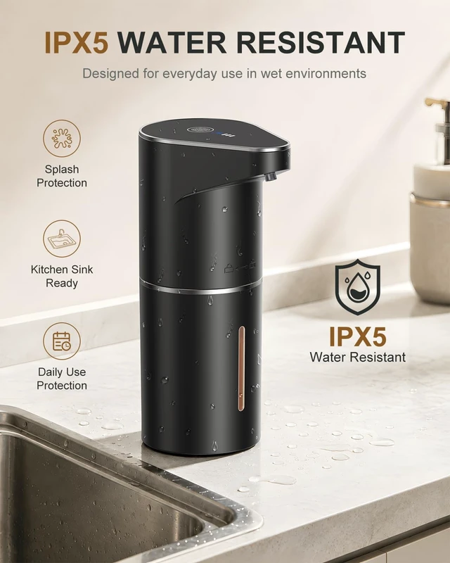 Alt view image 6 of 7 - Automatic Foaming Soap Dispenser Touchless, 3-Level Adjustable | Rechargeable, 90-day Use, 350ml, Wall Mountable, IPX5, Hands Free Dispenser for Kitchen, Bathroom, Black