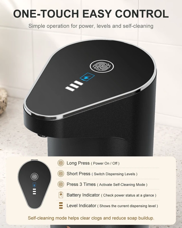 Alt view image 7 of 7 - Automatic Foaming Soap Dispenser Touchless, 3-Level Adjustable | Rechargeable, 90-day Use, 350ml, Wall Mountable, IPX5, Hands Free Dispenser for Kitchen, Bathroom, Black