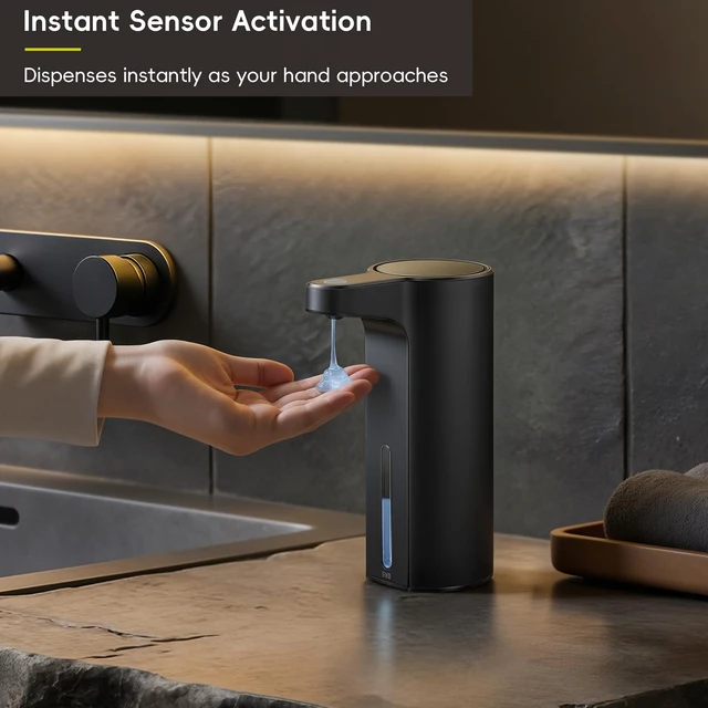 Alt view image 3 of 7 - Aroma 9 fl oz Automatic Liquid Soap Dispenser, Rechargeable Soap Dispenser for Kitchen and Bathroom with Adjustable Volume Control (Matte Black Steel)