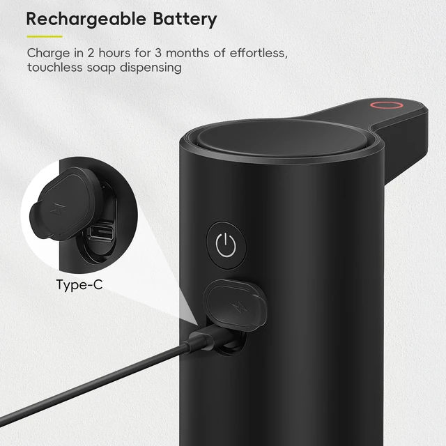 Alt view image 4 of 7 - Aroma 9 fl oz Automatic Liquid Soap Dispenser, Rechargeable Soap Dispenser for Kitchen and Bathroom with Adjustable Volume Control (Matte Black Steel)