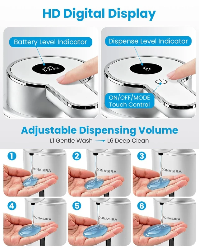 Alt view image 3 of 7 - Touchless Automatic Liquid Soap Dispenser, Rechargeable Silver | 410 mL, 6 levels, HD display, USB-C recharge, long battery, countertop & wall mount, IPX5 waterproof for kitchen & bathroom