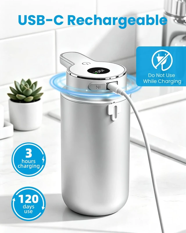 Alt view image 5 of 7 - Touchless Automatic Liquid Soap Dispenser, Rechargeable Silver | 410 mL, 6 levels, HD display, USB-C recharge, long battery, countertop & wall mount, IPX5 waterproof for kitchen & bathroom