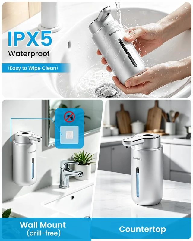 Alt view image 6 of 7 - Touchless Automatic Liquid Soap Dispenser, Rechargeable Silver | 410 mL, 6 levels, HD display, USB-C recharge, long battery, countertop & wall mount, IPX5 waterproof for kitchen & bathroom
