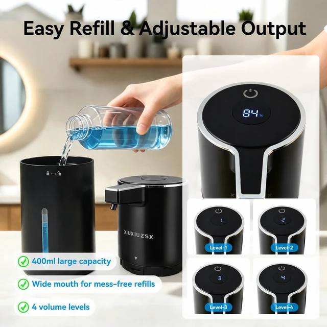 Alt view image 3 of 7 - Touchless Automatic Electric Liquid Soap Dispenser | Rechargeable Wall & Countertop Mount 400ml Waterproof Sensor Liquid Hand Soap Dispenser for Kitchen Sink Bathroom