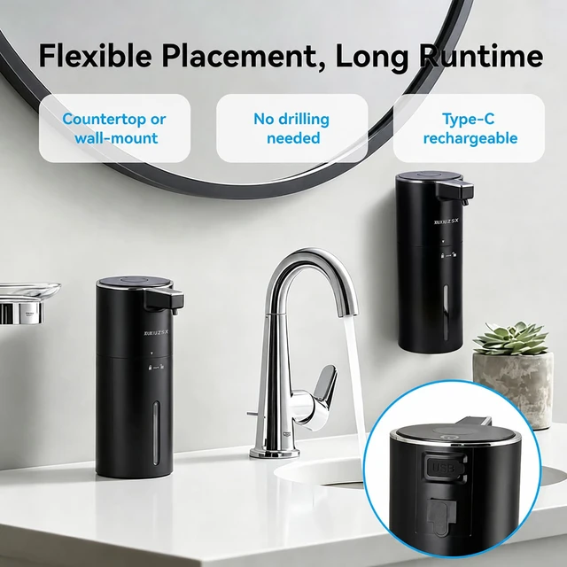 Alt view image 5 of 7 - Touchless Automatic Electric Liquid Soap Dispenser | Rechargeable Wall & Countertop Mount 400ml Waterproof Sensor Liquid Hand Soap Dispenser for Kitchen Sink Bathroom