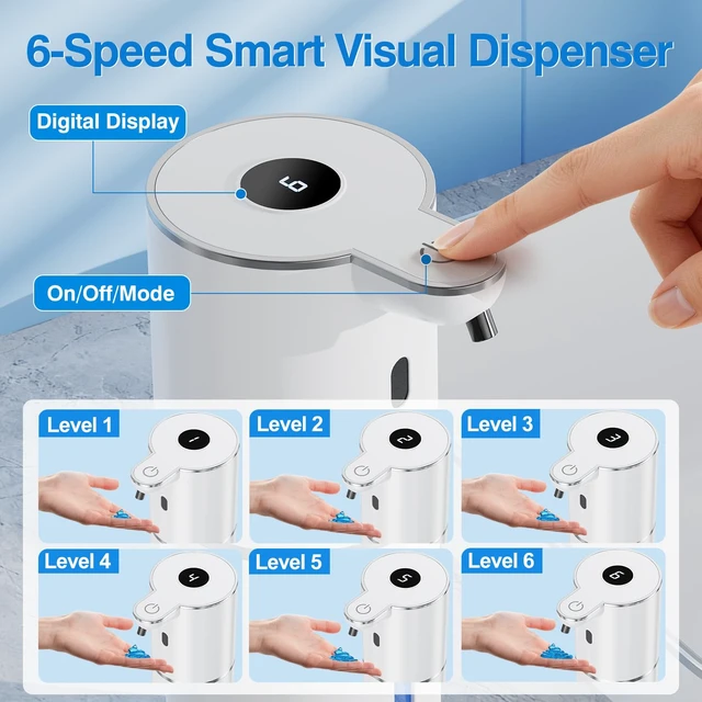 Alt view image 2 of 7 - Automatic Liquid Soap Dispenser Touchless, Smart Digital Display | 12.8oz/380mL, Up to 90 Days Battery Life, 6 Adjustable Level, Rechargeable, Wall Mountable IPX5 for Kitchen & Bathroom, White