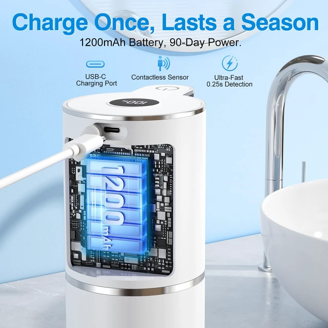 Alt view image 3 of 7 - Automatic Liquid Soap Dispenser Touchless, Smart Digital Display | 12.8oz/380mL, Up to 90 Days Battery Life, 6 Adjustable Level, Rechargeable, Wall Mountable IPX5 for Kitchen & Bathroom, White