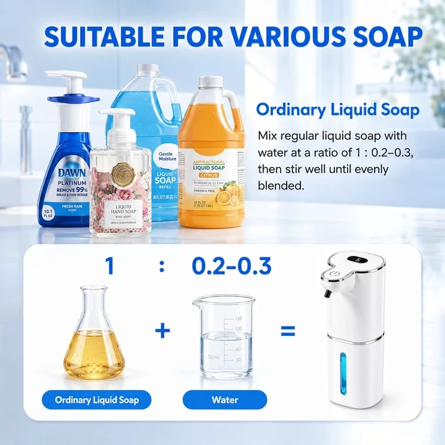 Alt view image 3 of 7 - Automatic Liquid Soap Dispenser Touchless, 6 Level Adjustable, USB Rechargeable Smart Hand Soap Dispenser, Physical Button Operation, 13.5oz/400mL Wall Mounted for Bathroom Kitchen Dish Soap