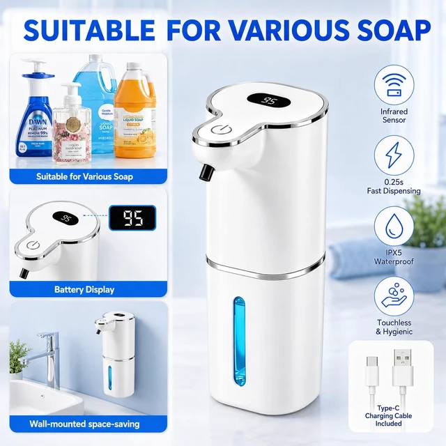 Alt view image 6 of 7 - Automatic Liquid Soap Dispenser Touchless, 6 Level Adjustable, USB Rechargeable Smart Hand Soap Dispenser, Physical Button Operation, 13.5oz/400mL Wall Mounted for Bathroom Kitchen Dish Soap
