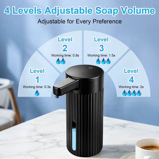 Alt view image 3 of 7 - Automatic Liquid Soap Dispenser Touchless, Rechargeable, Adjustable | Long Battery Life, Digital Display, 4-Level, for Dish Hand Soap, IPX5 Waterproof, 14.2oz, Kitchen Bathroom Accessories, Black